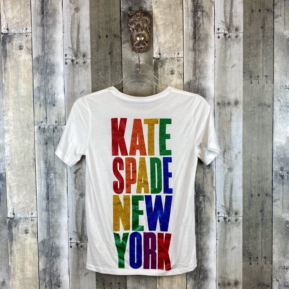 Kate Spade Rainbow Glitter Logo Tee in White Size XXS New! - Picture 4 of 12